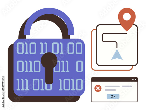 Lock with binary code, browser pop-up alert, navigation map with pin. Ideal for cybersecurity, data protection, online safety, GPS security, digital access, hacking prevention simple flat metaphor