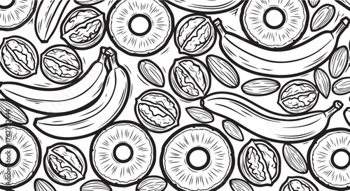 Monochrome Vector Seamless Pattern with Fruits and Nuts in Line Art Style