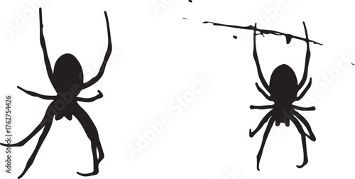 Black Spider Silhouettes Hanging and Crawling Graphic Design Elements