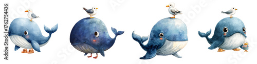 Adorable watercolor whales with seagull friends, perfect for children's designs, bringing a touch of ocean whimsy and sweet charm to any creative project