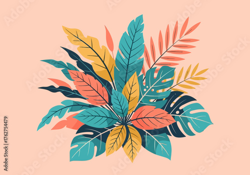 Illustration of a vibrant illustration of tropical leaves in various shades of teal, yellow, and coral, set against a soft peach background, evoking a sense of exotic nature and summer