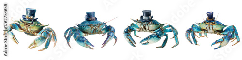 Whimsical blue crabs wearing tiny top hats, perfect for quirky invitations, fun party decor, or unique coastal-themed designs, bringing a touch of charming sea life