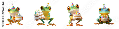 Whimsical frog characters wearing party hats and holding birthday cakes, perfect for invitations, greeting cards, and fun celebrations, originally a scalable vector graphic