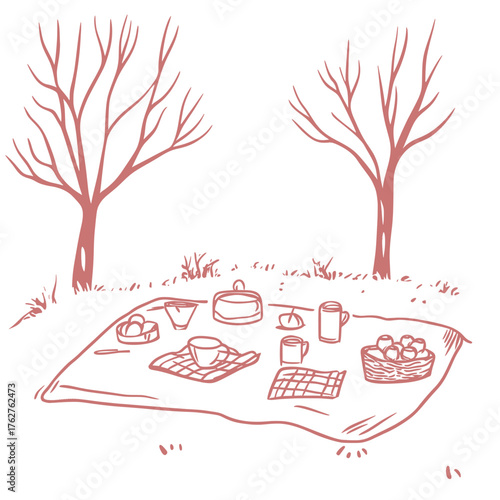 line art modern design illustration of snowy picnic setups