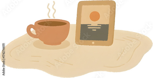 태블릿으로보는여행사진과따뜻한차한잔