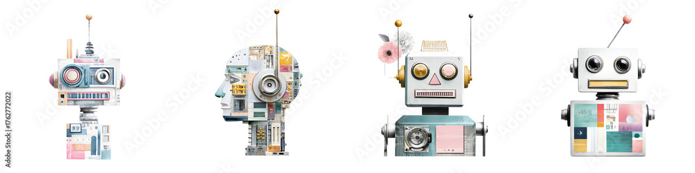 Fototapeta premium Whimsical Watercolor Robot Set: Retro Futurism on White Background