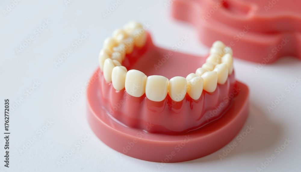 Obraz premium Dental denture model showcases realistic teeth arrangement, highlighting dental education and prosthetic design. This detailed representation aids in understanding oral health and denture fitting