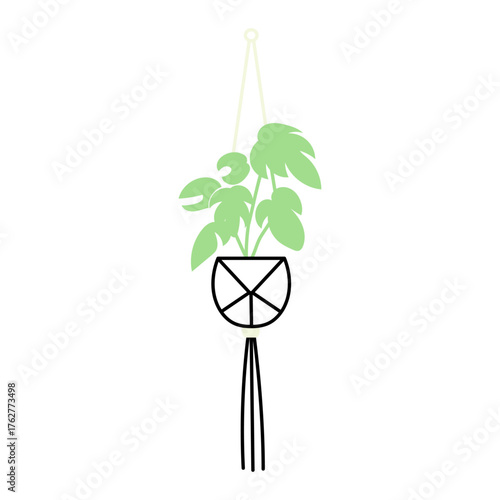モンステラを吊り下げた観葉植物のハンギングプランターイラスト｜ナチュラルで清潔感のある室内装飾を表現したシンプルなベクターデザイン