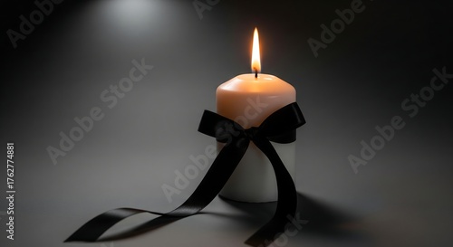 Burning candle with black ribbon for funeral service in memory of a lost loved one