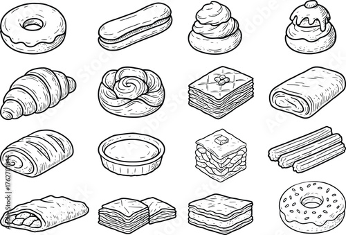 Hand drawn vintage illustration set of bakery and pastry items including donut, croissant, tart, eclair, and layered cakes in sketch style