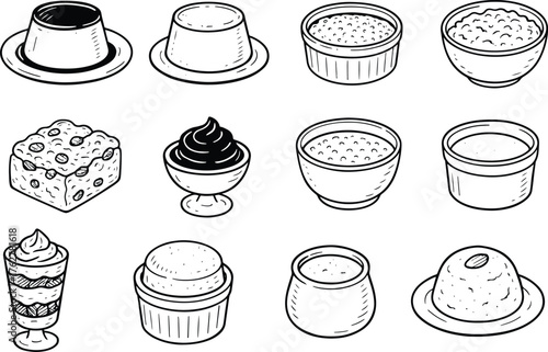 Hand drawn vintage illustration set of sweet puddings and desserts including custard, mousse, rice pudding, and trifle in sketch style