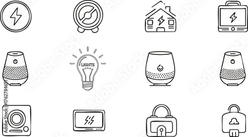 Smart home automation devices icons on black background