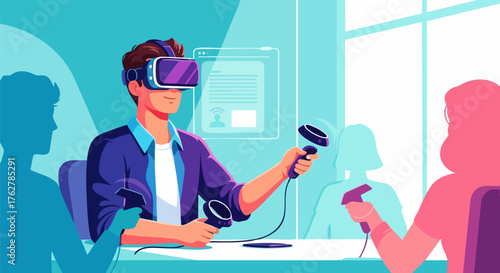 Man experiences virtual reality with headset and controllers