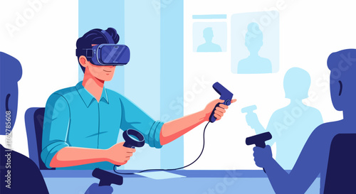 Man explores virtual reality with headset and controllers