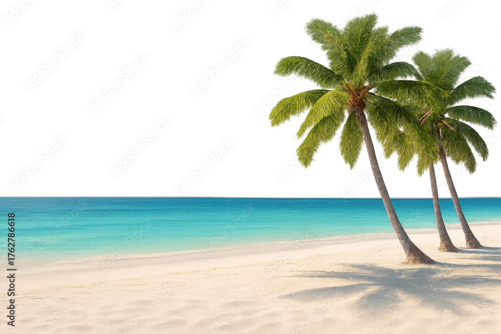 Fototapeta premium Tropical beach scene with palm trees on white sand, crystal clear turquoise ocean, and transparent background