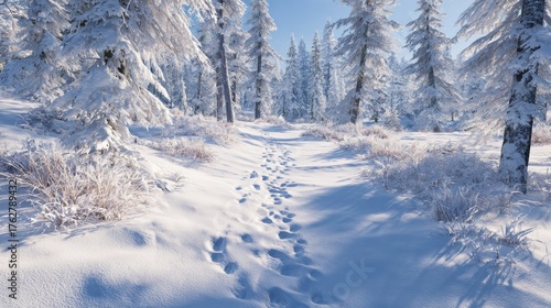 winter wonderland snow forest landscape with footprints on path through snowy trees scenery outdoor view