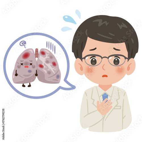 不健康な肺のキャラクターと白衣を着た男性医師　上半身イラスト／Unhealthy Lungs Character with Male Doctor in White Coat　upper body illustration