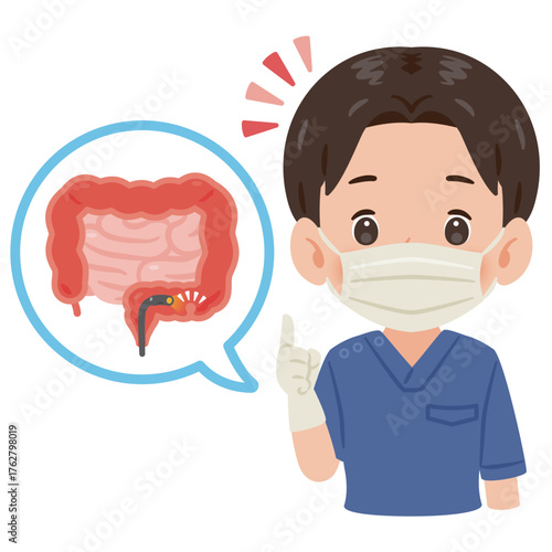 大腸カメラ検査を受ける大腸とスクラブを着た男性医師　上半身イラスト／Intestines Undergoing Colonoscopy with Male Doctor in Scrubs　upper body illustration