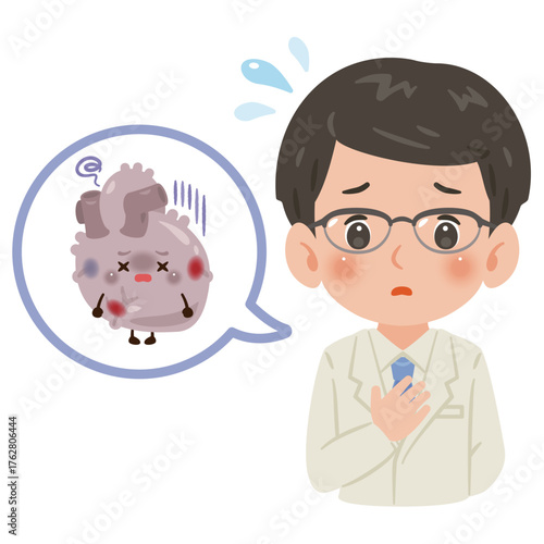 不健康な心臓のキャラクターと白衣を着た男性医師　上半身イラスト／Unhealthy Heart Character with Male Doctor in White Coat　upper body illustration