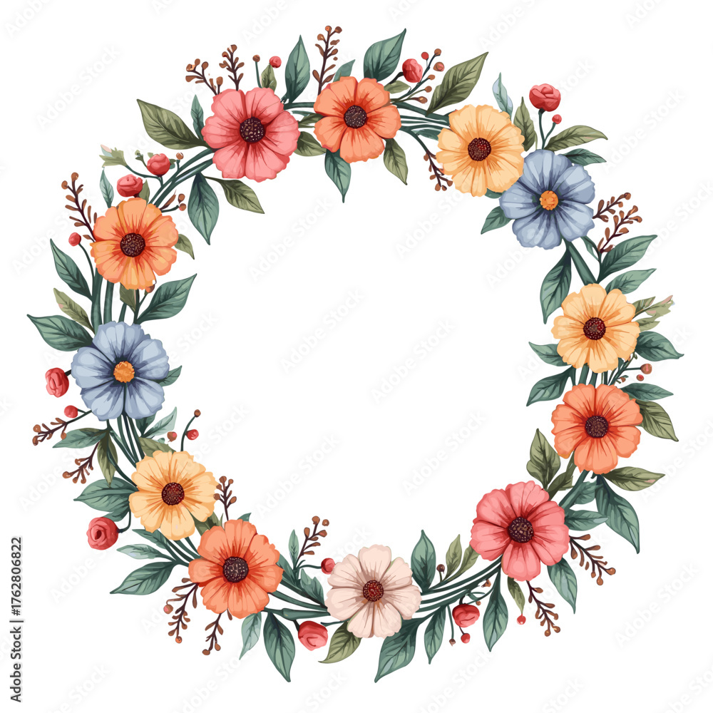 Obraz premium Watercolor floral wreath with colorful flowers, green leaves, and red berries arranged in a circle on a white background.