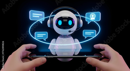 Wallpaper Mural Customer Service and Artificial Intelligence, A 3D robotic chatbot with headphones and speech bubbles on a smartphone, denoting virtual support and efficient technological interaction Torontodigital.ca