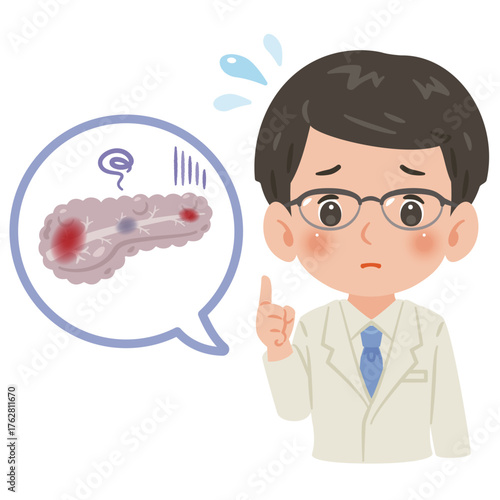 不健康な膵臓と白衣を着た男性医師　上半身イラスト／Unhealthy Pancreas with Male Doctor in White Coat　upper body illustration