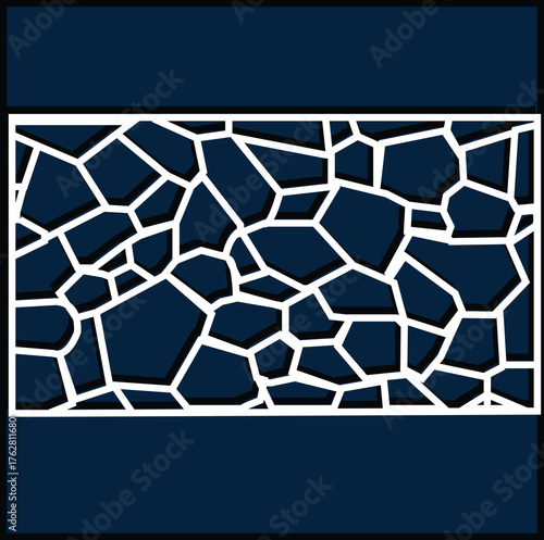 Modern geometric design featuring deep navy blue irregular polygons with a white outline that simulates grout or gaps, accented by drop shadows for a 3D carved effect. 