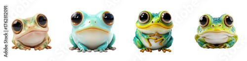 Adorable collection of colorful tree frogs with big expressive eyes, perfect for children's illustrations or playful designs, bringing charm and a touch of nature's whimsy