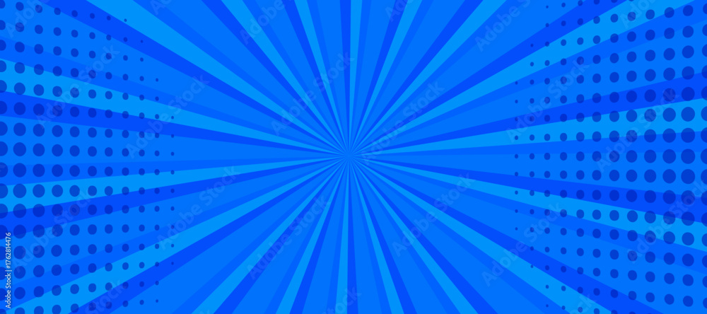 Naklejka premium Retro pop art radial explosion blue wallpaper in halftone style.
