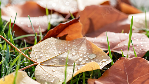 Autumn leaves with water droplets rest on green grass in a close-up shot.