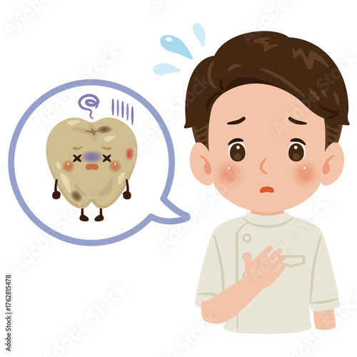 不健康な歯のキャラクターとケーシーを着た男性医師　上半身イラスト／Unhealthy Tooth Character with Male Doctor in White Coat　upper body illustration