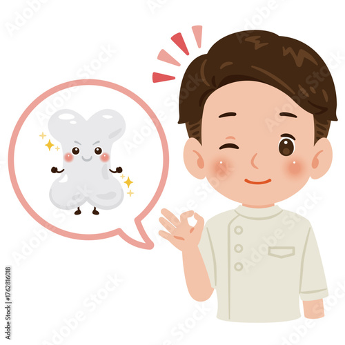 健康な骨のキャラクターとケーシーを着た男性医師　上半身イラスト／Healthy Bone Character with Male Doctor in White Coat　upper body illustration