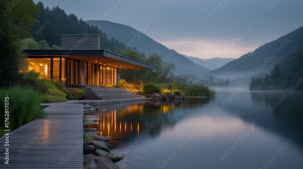 Obraz premium Lakeside Serenity: A modern, minimalist home basks in the soft light, perfectly positioned on the serene edge of a tranquil lake, reflecting the beauty of the surrounding landscape. 