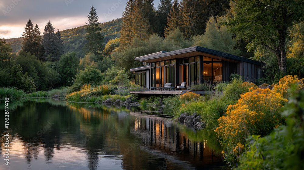 Fototapeta premium Lakeside Retreat: A modern residence stands harmoniously beside a tranquil lake. The house, designed with expansive windows.