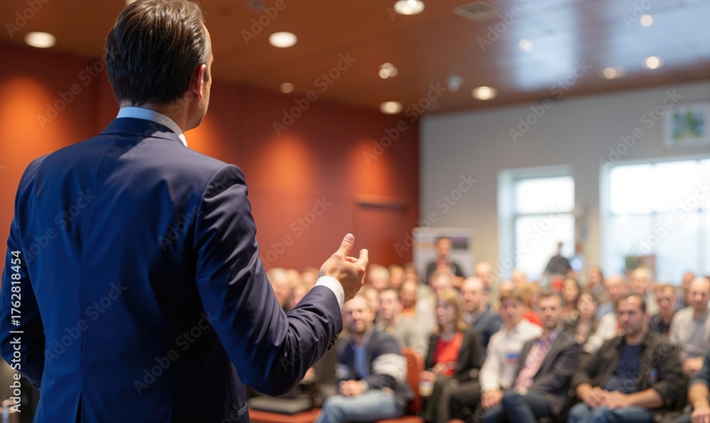 Fototapeta premium Male speaker explaining ideas to business audience, leading workshop, training, seminar, or corporate event