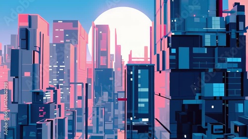 Vibrant urban cityscape with futuristic skyscrapers under stunning sunset, showcasing digital art in blend of blue and pink hues, evokes wonder