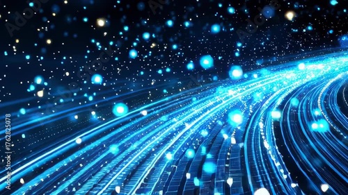 Futuristic Digital Landscape Glowing Blue Lines and Particles Create Motion, Energy, and Depth in Abstract World of Wonder