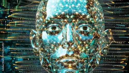 Futuristic Digital Head with Glowing Circuits and Data Streams, Showcasing Artificial Intelligence and Technology Integration in New Era