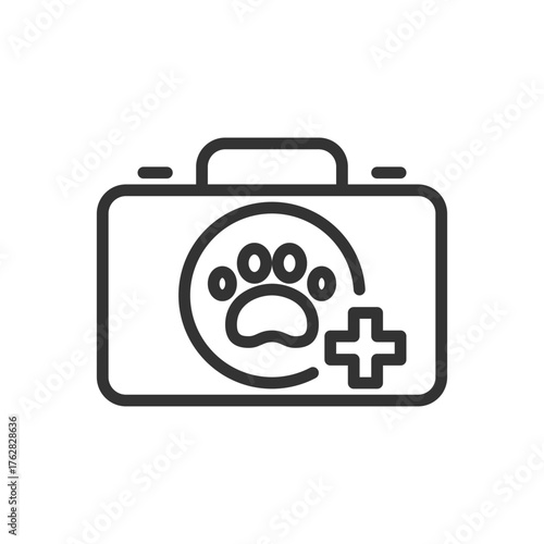A black and white line art illustration of a pet medical kit It features a paw print within a circle and a plus symbol