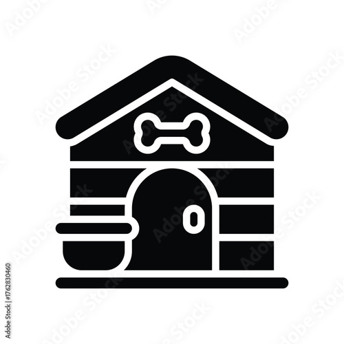 A black doghouse icon with a bone detail a round door and a bowl on its side