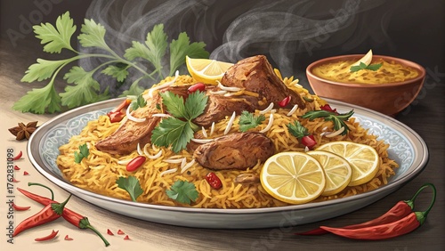 Chicken Biryani with Lemon and Herbs – Traditional Asian Food Illustration
