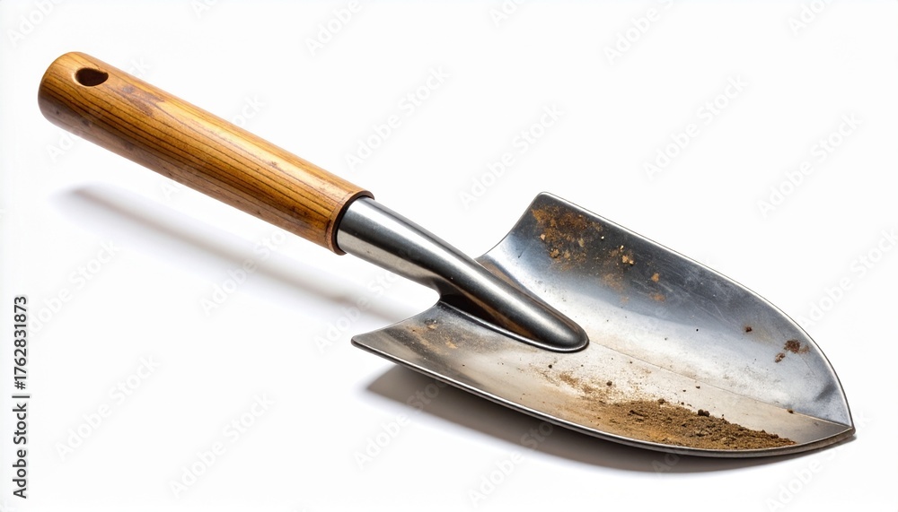 Fototapeta premium A single shiny metal shovel with a wooden handle, isolated on a white background.