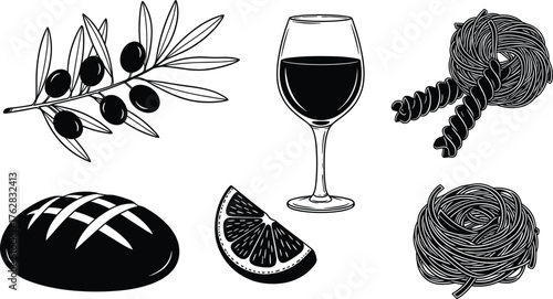 Elegant Silhouette Mediterranean Food Icons – Premium Italian Cuisine Sketch Set.