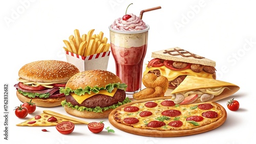 Fast Food Meal with Burger, Pizza, French Fries and Soft Drinks on White Background