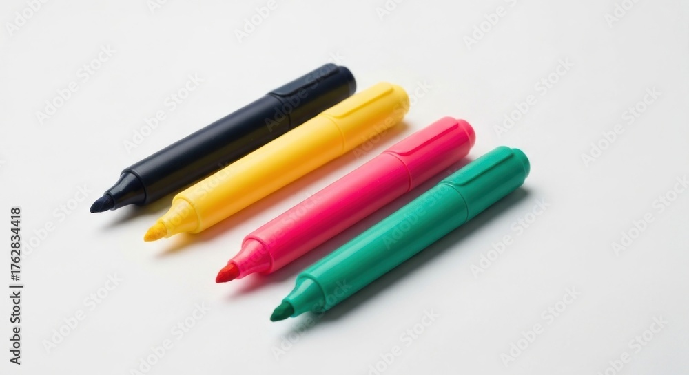 Fototapeta premium Four colorful highlighters diagonally arranged on a white surface