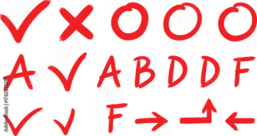 Silhouette Exam Grade Mark Set – Solid Red Ink Feedback and Scoring Symbols Vector Collection.