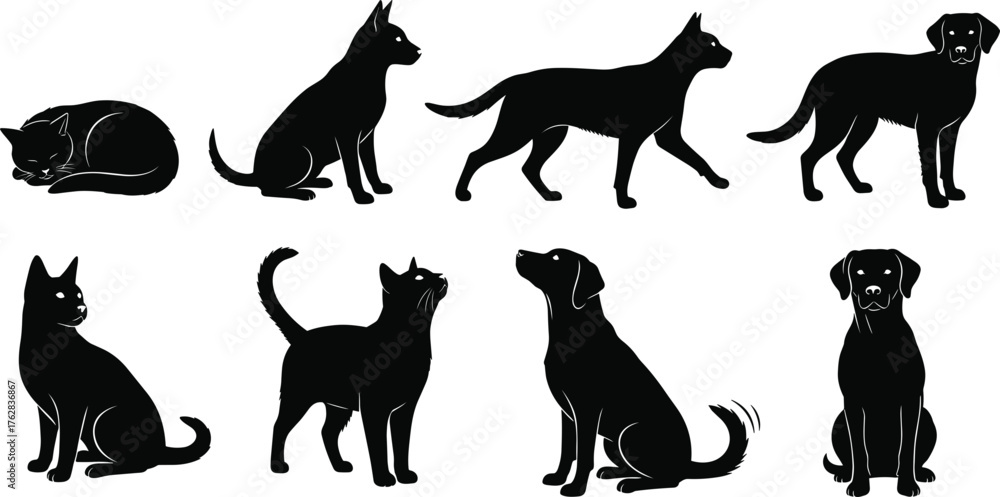 Obraz premium 犬と猫のシルエットベクターアイコン – モノクロペットデザインセット.