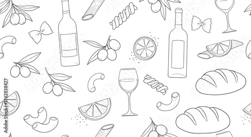 Seamless Elegant Mediterranean Food Pattern – Hand Drawn Italian Cuisine Wallpaper.