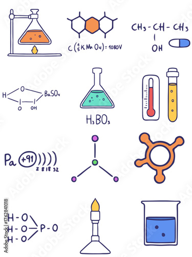 Hand-drawn doodle collection of colorful chemistry and science icons, including laboratory glassware, formulas, and molecules
