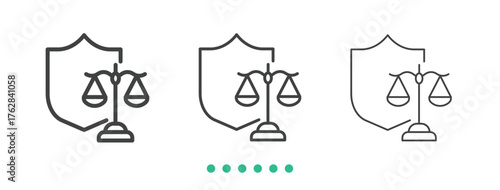 Legal justice and balance protection shield icon. Thin line icon vector